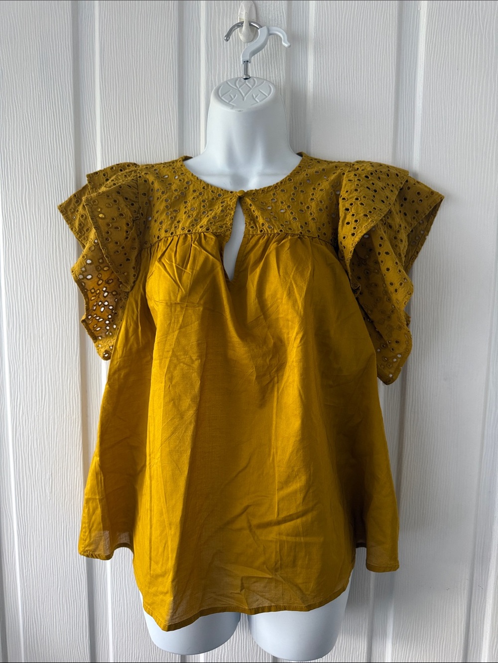 a new day Mustard Eyelet Flutter-Sleeve Blouse